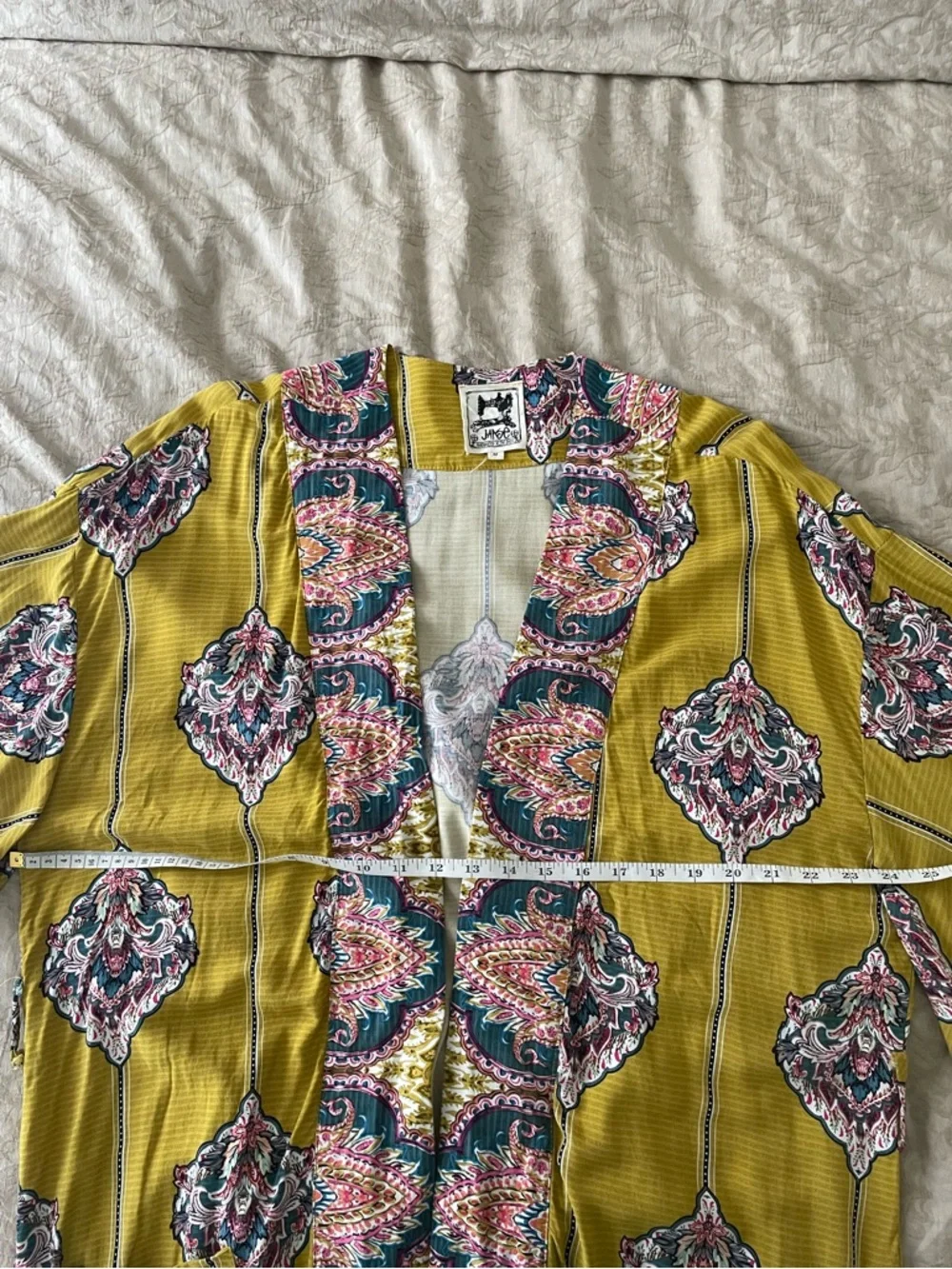 Jaase Mustard Yellow Olive Paisley Kimono Robe Cover-Up Duster M - Picture 7 of 10